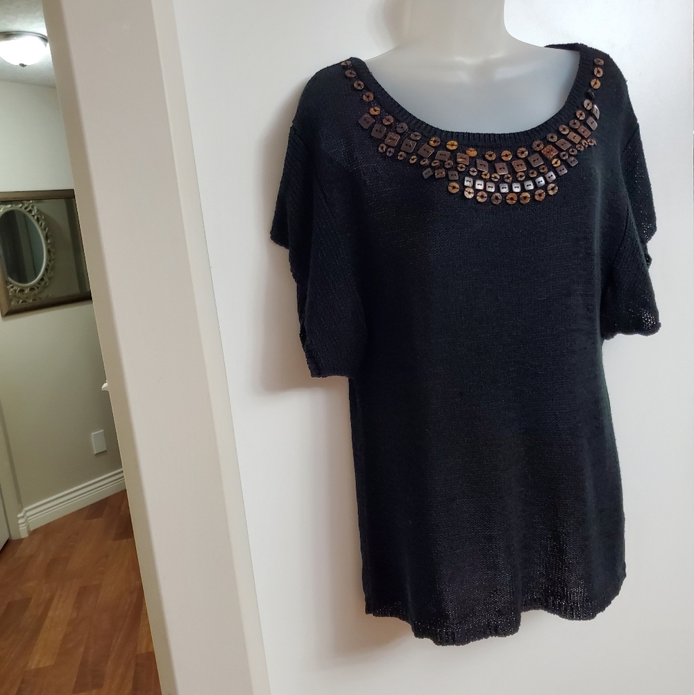 JANA Elegant Fine-knit Black Beaded Women's Top Large